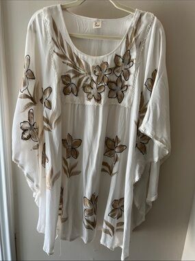 Boho Floral Embroidered Sheer Tunic/Poncho- White, Tan, Gray, Gold